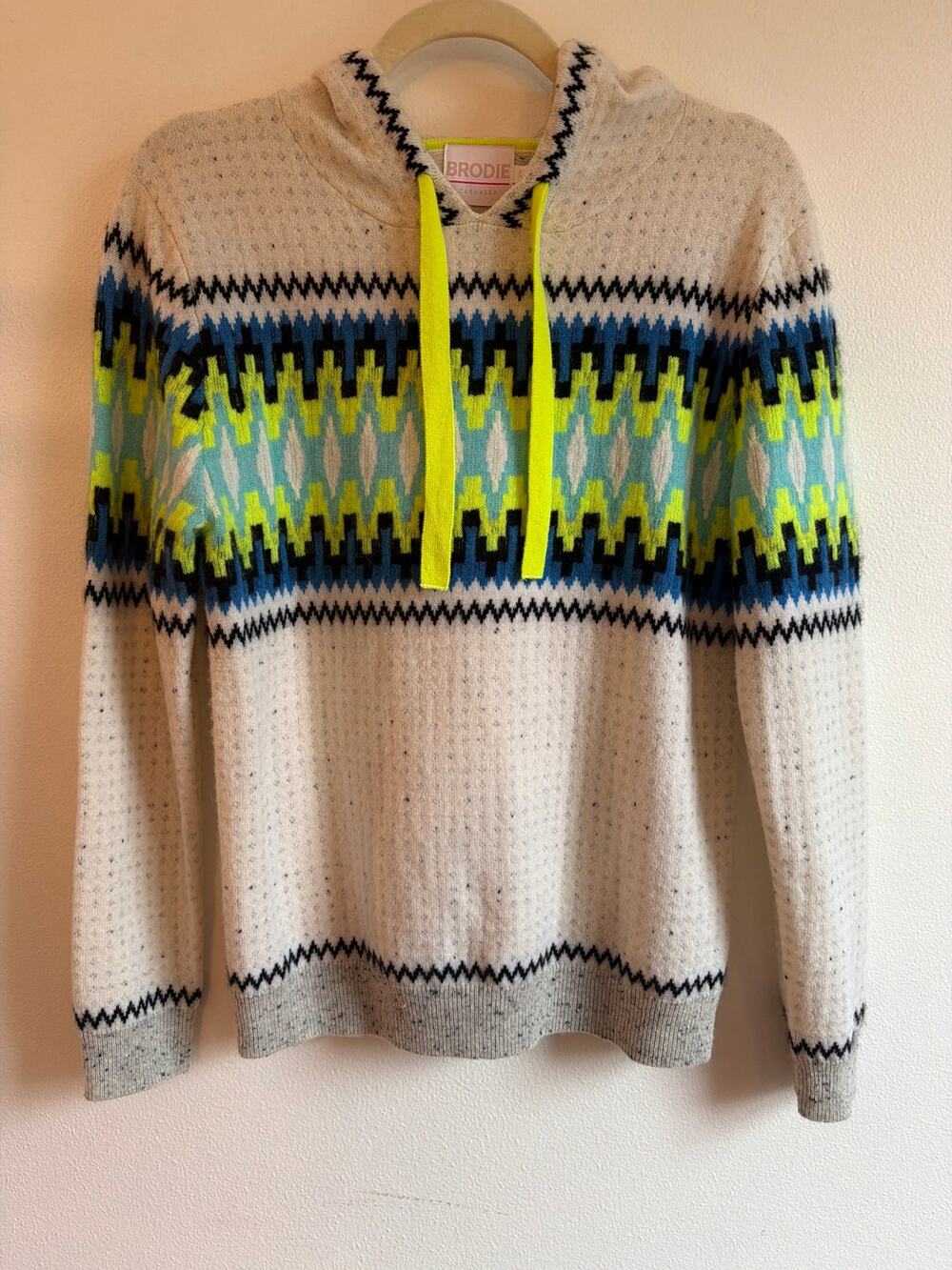 BRODIE 100% Cashmere Fair Isle Neon Accent Knit Washable Hoodie Sweater | Sz XS